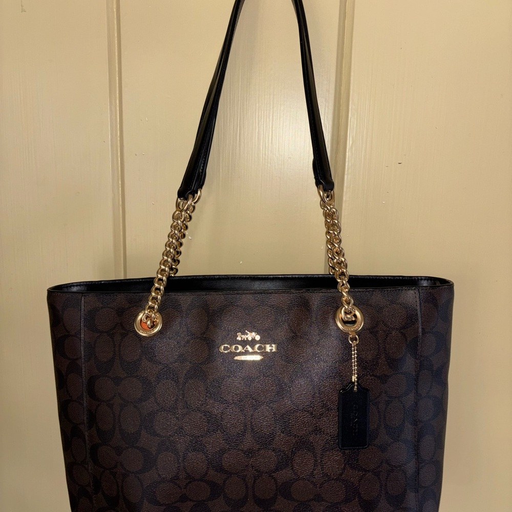 Coach Cammie Dark Brown Tote with Gold Accents W/ Card Case - Picture 2 of 16
